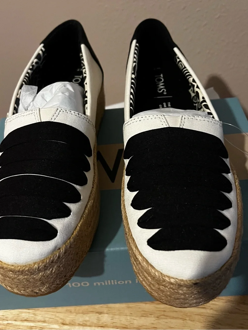 TOMS Women’s White Canvas Espadrille with Black Decorative Overlays